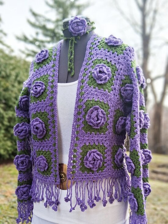 Handmade Sweaters - Purple 3D Floral Fringe Granny Square Sweater and Rose Wrap Choker M/L